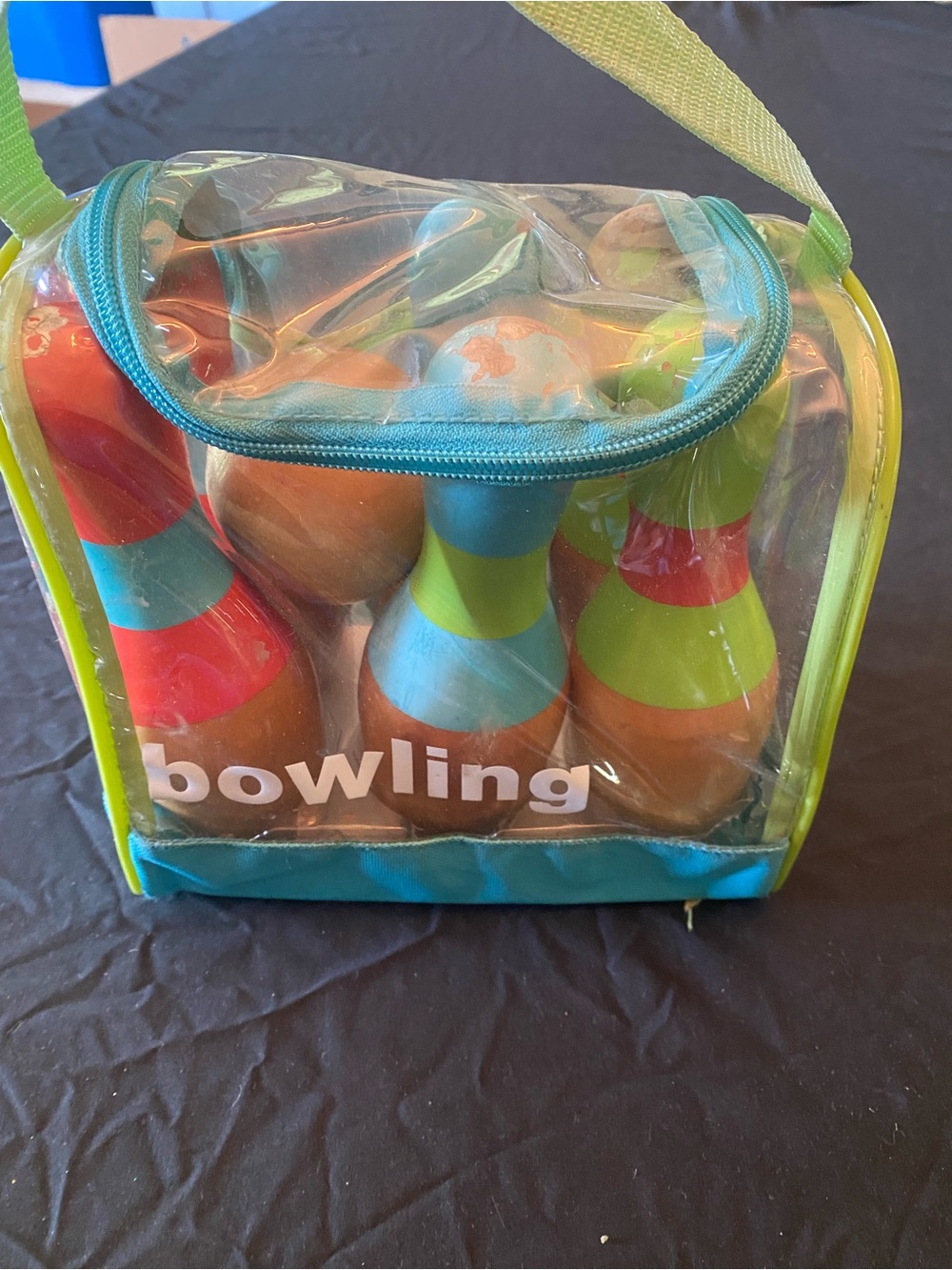 Kids Bowling Set - Colorful Striped Pins (Blue, Green, Red)